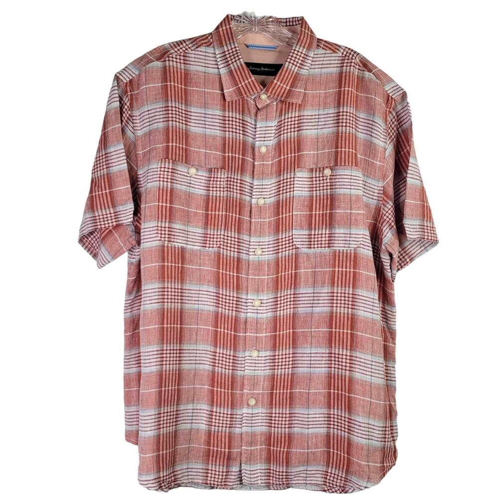 Tommy Bahama Shirt Men's Button Up Size L Plaid Linen Resort Wear Short Sleeve - Picture 2 of 9